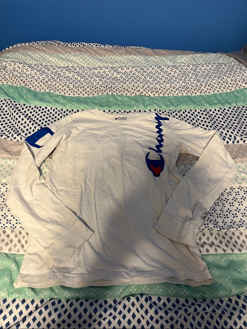 Kids Champion White Long Sleeve Shirt with Blue & Red Script